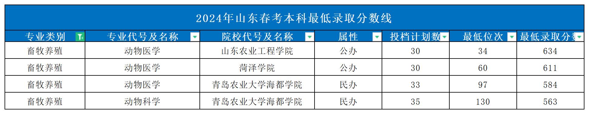 2024年山東春考本科最低錄取分數線_Sheet1(5)
