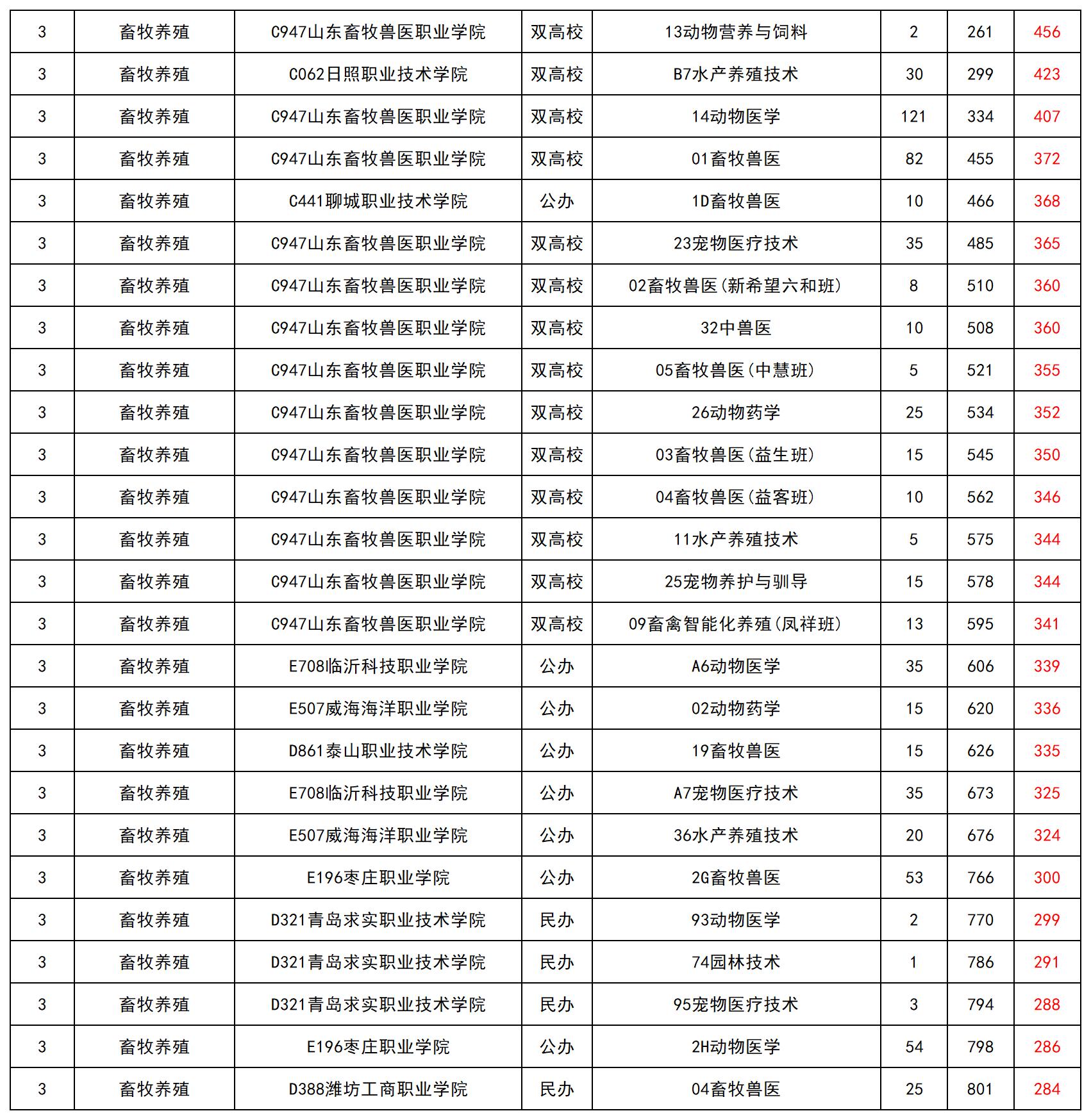 山東省2024年春季高考專科批第1次志愿投檔最低錄取分_總表(2)